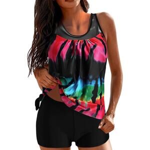 NEW WOMEN'S 2 PIECE COLOR BLOCK‎ STRIPE TANKINI W/BOY SHORTS & TUMMY CONTROL XL